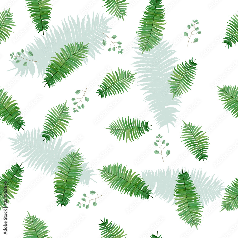 fern with branch. seamless pattern on white background