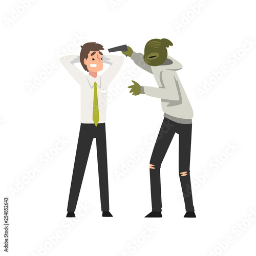 Bank Robbery, Masked Male Criminal Threatening Bank Manager with Gun, Bank Robbery Vector Illustration