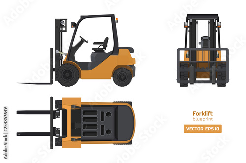 Forklift in realistic style. Top, side and front view. Hydraulic machinery 3d image. Industrial isolated drawing of orange loader. Diesel vehicle blueprint photo