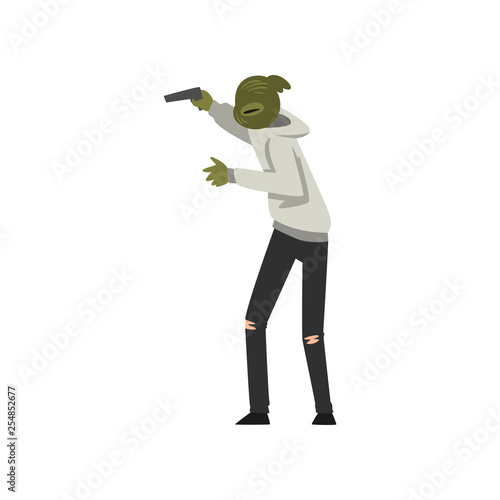 Masked Criminal Robber, Thief Threatening with Gun Vector Illustration