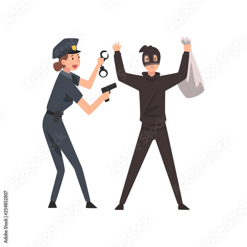 Armed Female Police Officer Arrested Bank Robber Vector Illustration