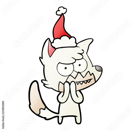 Fototapeta Naklejka Na Ścianę i Meble -  gradient cartoon of a grinning fox wearing santa hat
