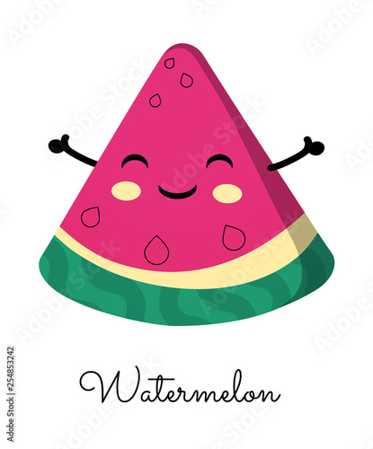 A slice of watermelon with happy face. Cartoon character. Kawaii food. Vector illustaration for posters, cards,.invitations, flyers, ect.