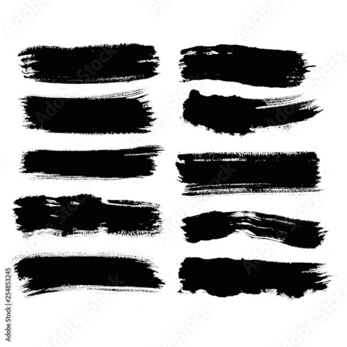 black Brush strokes. Vector paintbrush set. Round grunge design elements. Long text boxes. Dirty distress texture banners. Ink splatters. Grungy painted objects.