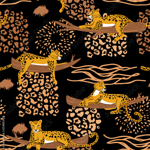 Leopard seamless pattern. Safari style. Composition with leopards in different poses on branch and abstract brush strokes and textures. Vector illustration for textile, wrapping paper and packaging.