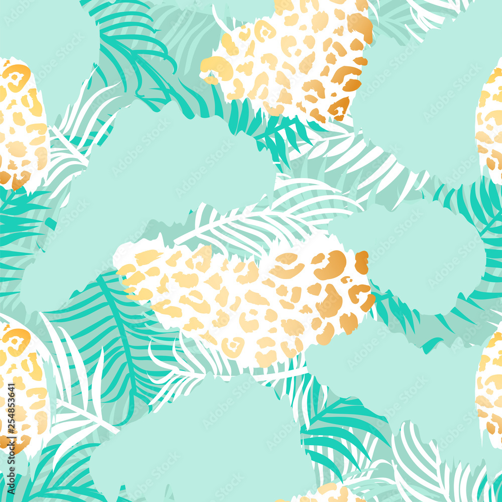 Palm leaves seamless pattern. Tropical plants with leopard dots and golden texture. Vector illustration for textile, postcard, fabric, wrapping paper, background, packaging.