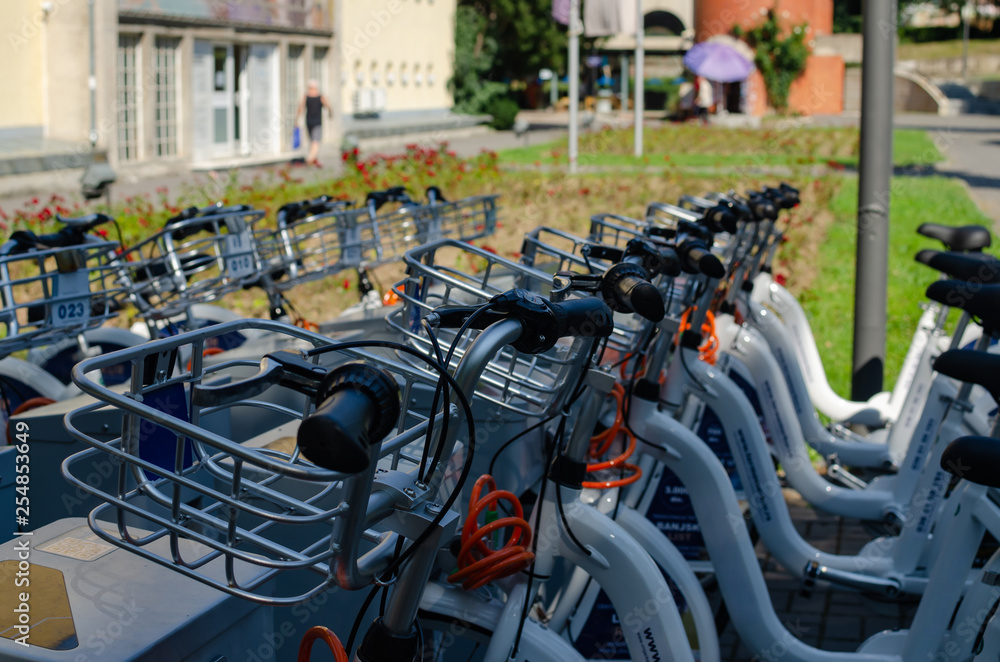 Row of bicycles of the same kind for rent, parked in a public park - close-up