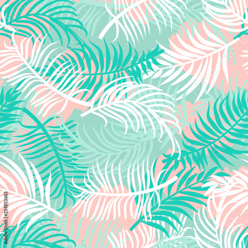 Palm leaves seamless pattern. Summer composition. Vector illustration for textile, postcard, fabric, wrapping paper, background, packaging.