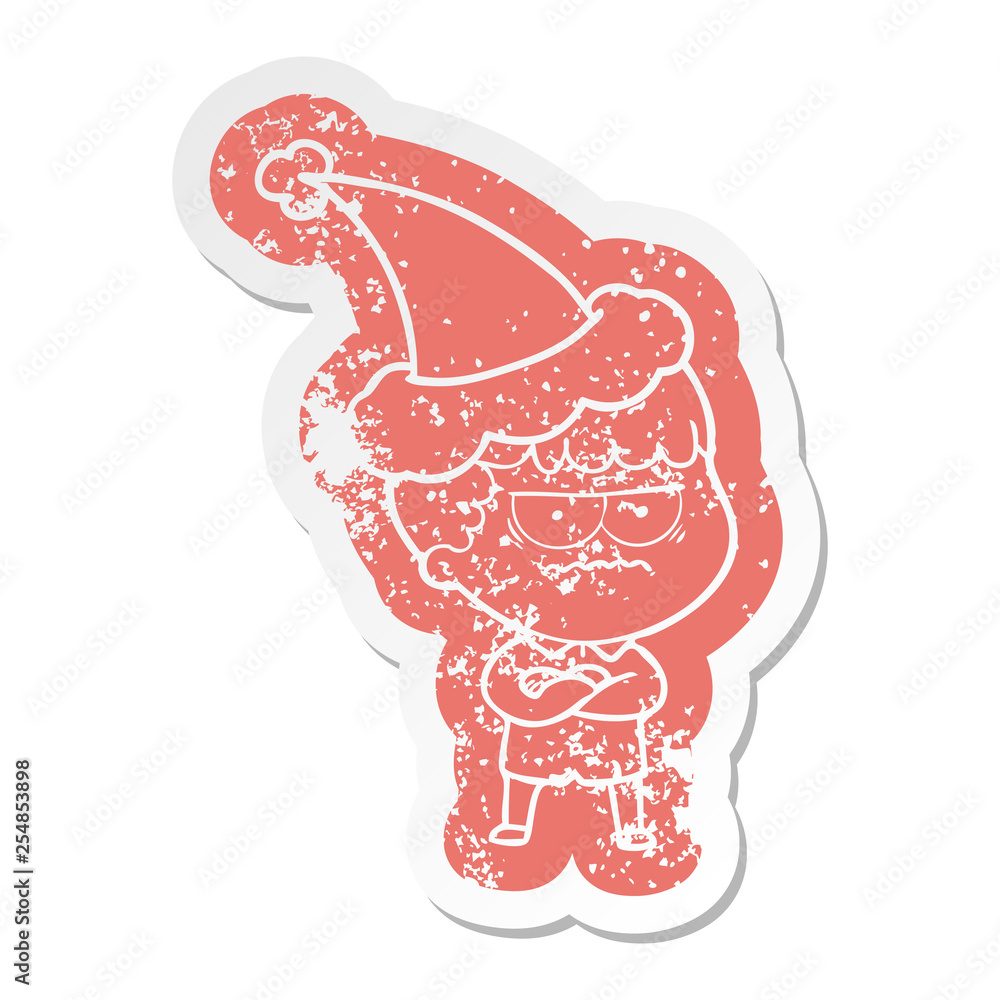 cartoon distressed sticker of an annoyed man wearing santa hat cartoon distressed sticker of an annoyed man wearing santa hat