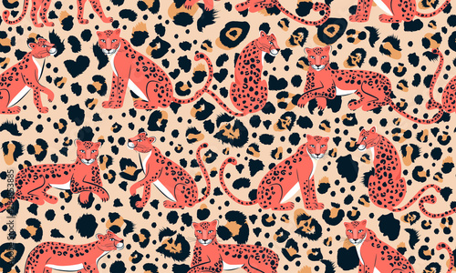 Leopard seamless pattern. Composition with leopards in different poses and leopard dots. Vector illustration for textile, postcard, fabric, wrapping paper, background, packaging.