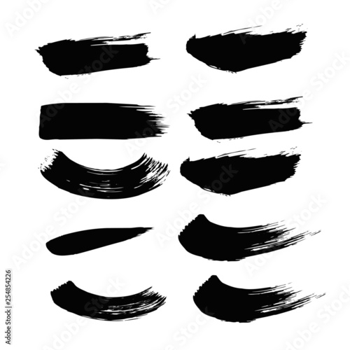 black Brush strokes. Vector paintbrush set. Round grunge design elements. Long text boxes. Dirty distress texture banners. Ink splatters. Grungy painted objects.