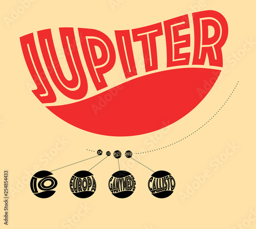 graphic planet Jupiter and its moons in retro colors