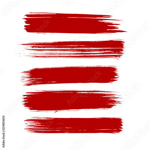 Red Brush strokes. Vector paintbrush set. Round grunge design elements. Long text boxes. Dirty distress texture banners. Ink splatters. Grungy painted objects.