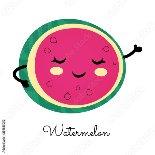A slice of watermelon with happy face. Cartoon character. Kawaii food. Vector illustaration for posters, cards,.invitations, flyers, ect.