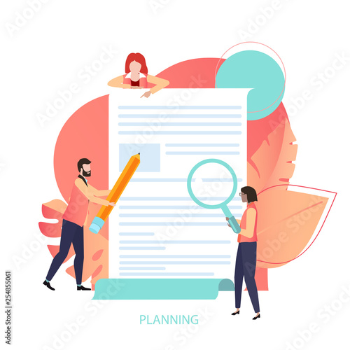 Planning, business project, goals and ideas. Presentation, landing page or web page design template with people and document.