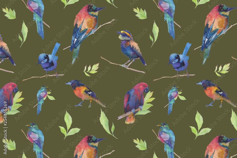 Colorful spring digital pattern with flowers and birds on the colorful plain background. Nature floral design.