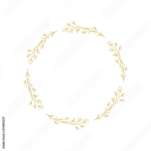 Lovely Hand Drawn Gold Elegant Twigs Isolated on a White Background.Round Shape Vector Branch Frame. Vintage Style Delicate Gold Sketched Floral Wreath. Illustration Without Text.Floral Decorative Art