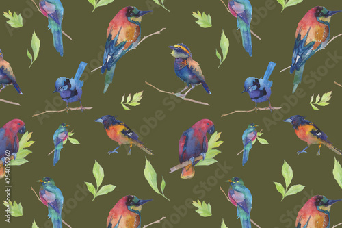 Fototapeta Naklejka Na Ścianę i Meble -  Colorful spring digital pattern with flowers and birds on the colorful plain background. Nature floral design.