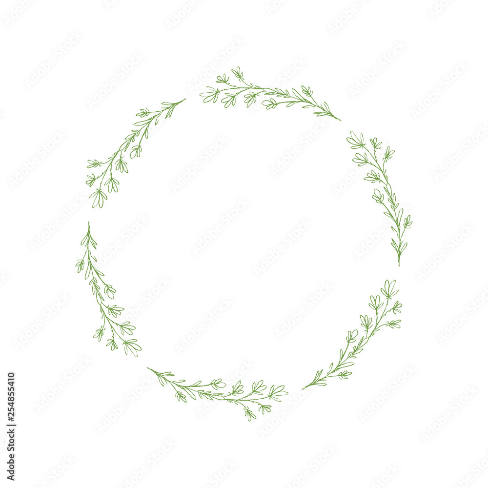 Lovely Hand Drawn Green Elegant Twigs Isolated on a White Background. Round Shape Vector Branch Frame. Vintage Delicate Green Sketched Floral Wreath. Illustration Without Text. Floral Decorative Art. 