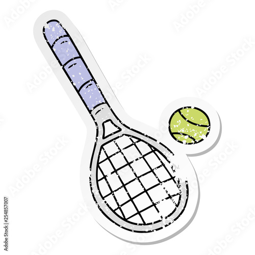 distressed sticker cartoon doodle tennis racket and ball