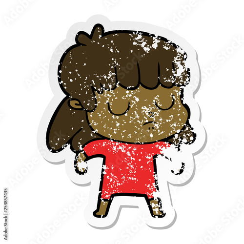 distressed sticker of a cartoon indifferent woman