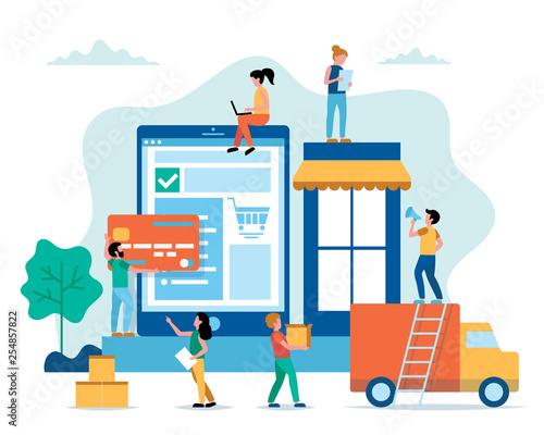 Online shopping concept illustration in flat style with little people. Buying goods on internet, delivery, shipping service. Vector illustration