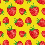Seamless pattern with ripe strawberries on a yellow background.
