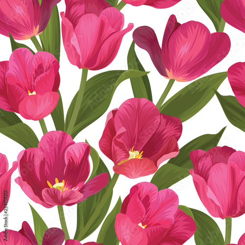 Seamless pattern of pink tulip flowers background. Vector set of blooming floral for holiday invitations  greeting card and fashion design.