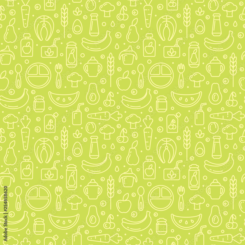 Baby food items seamless pattern in contour style. Suitable for wallpaper, wrapping or textile Baby food items seamless pattern in contour style. Suitable for wallpaper, wrapping or textile