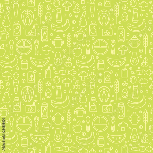 Baby food items seamless pattern in contour style. Suitable for wallpaper  wrapping or textile