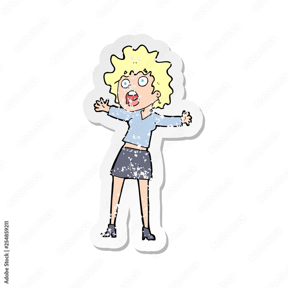 retro distressed sticker of a cartoon frightened woman retro distressed sticker of a cartoon frightened woman
