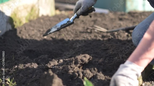 Frau gräbt mit kleiner Schaufel im Beet