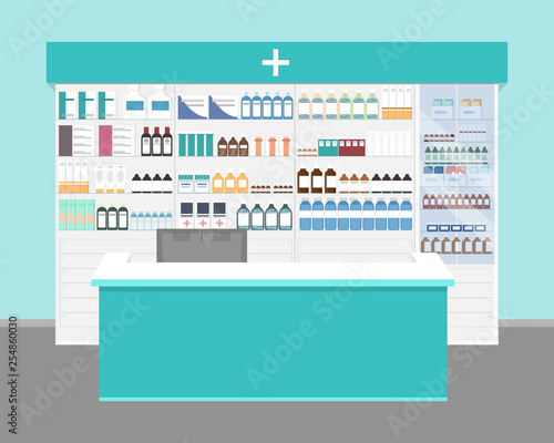 Pharmacy. Pharmacy interior: shelves, showcases with medicines, cash Desk with a computer. Flat style vector illustration.  