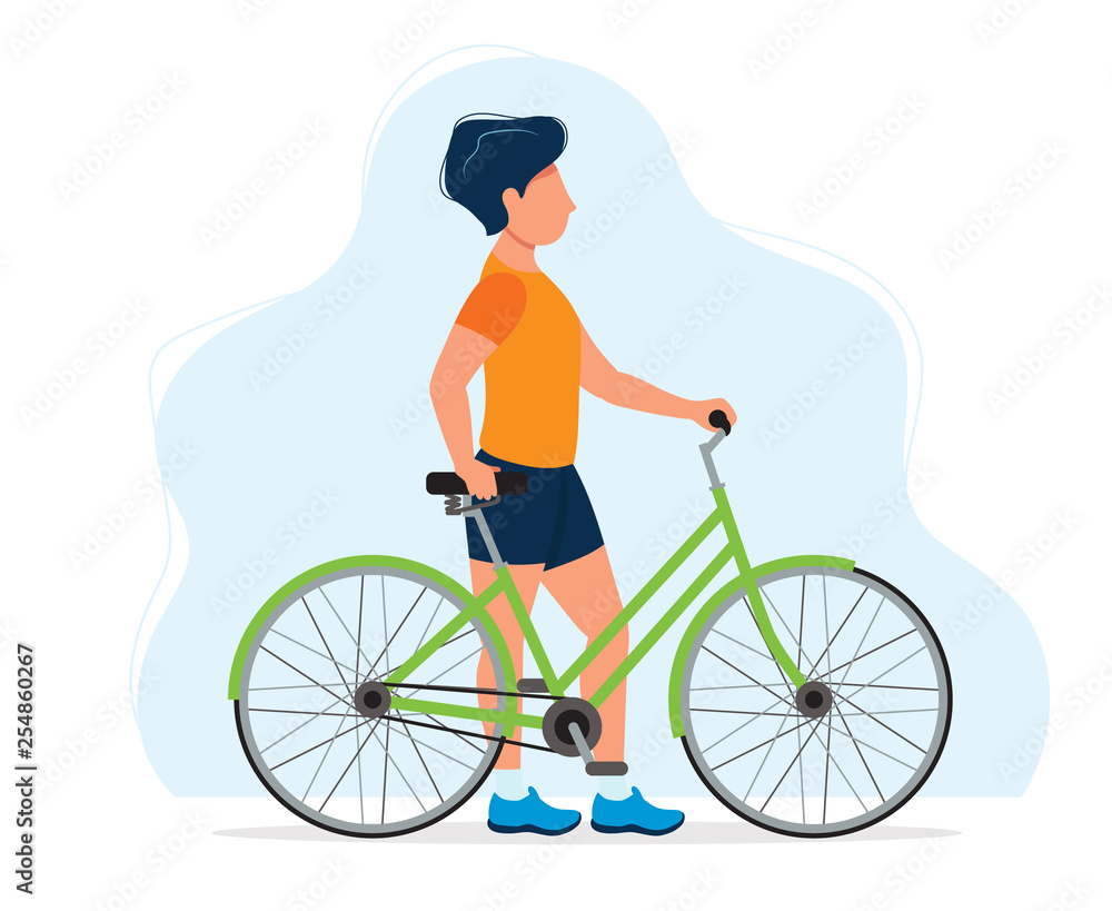 Man with a bicycle, concept illustration for healthy lifestyle, sport, cycling, outdoor activities. Vector illustration in flat style Man with a bicycle, concept illustration for healthy lifestyle, sport, cycling, outdoor activities. Vector illustration in flat style