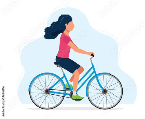 Woman with a bicycle, concept illustration for healthy lifestyle, sport, cycling, outdoor activities. Vector illustration in flat style