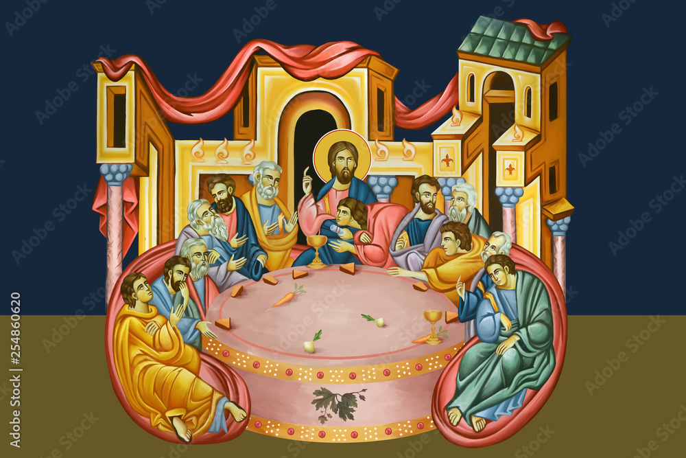  Holy Communion. The Last Supper illustration - fresco in Byzantine style