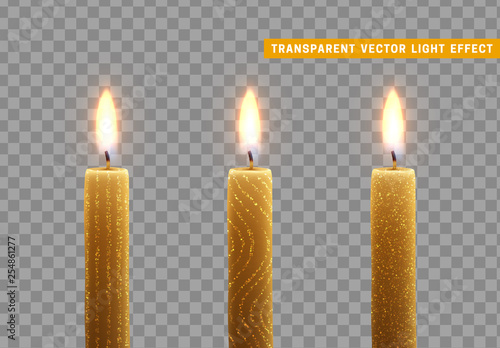 Candles burn with fire. Set of paraffin candles realistic isolated on transparent background. Element for design decor, vector illustration