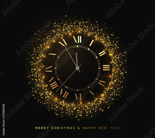 New Year shiny gold watch, five minutes to midnight. Merry Christmas. Xmas holiday. Glowing background with bright lights and golden sparkles