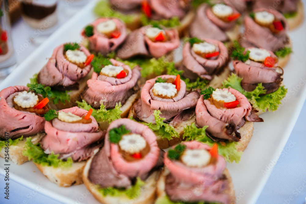 Beautifully decorated catering banquet table set