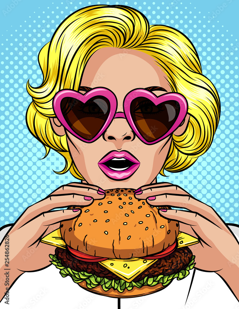Vector color pop art comic style illustration of a girl eating a  cheeseburger. Beautiful business woman holding a big hamburger. Successful  young lady with open mouth bites a huge burger Stock Vector