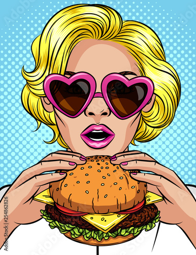 Vector color pop art comic style illustration of a girl eating a cheeseburger. Beautiful business woman holding a big hamburger. Successful young lady with open mouth bites a huge burger