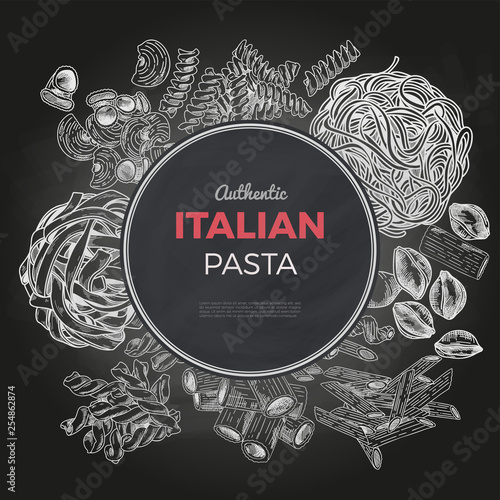 Sketch pasta banner, vector hand drawn illustration. Chalkboard background.