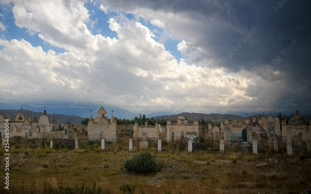 Panorama view to muslim cemetery at Barbulak, Issyk Kul , Kyrgyzstan
