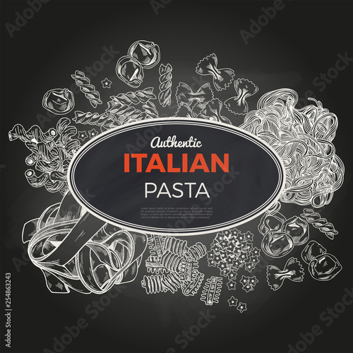 Sketch pasta banner, vector hand drawn illustration. Chalkboard background.