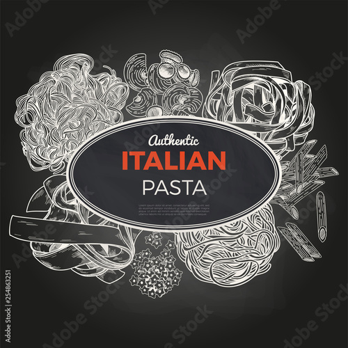 Sketch pasta banner, vector hand drawn illustration. Chalkboard background.