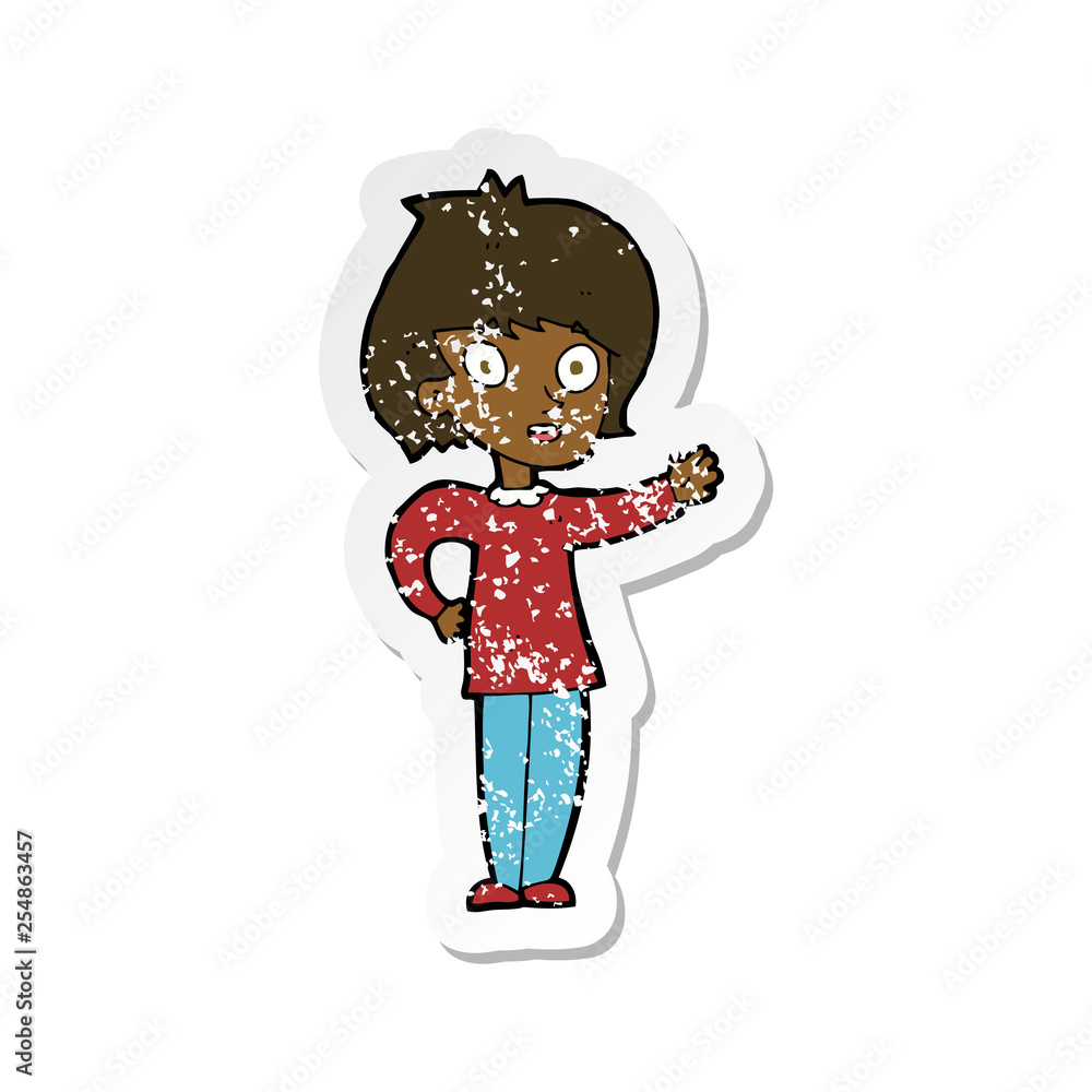 retro distressed sticker of a cartoon happy woman retro distressed sticker of a cartoon happy woman