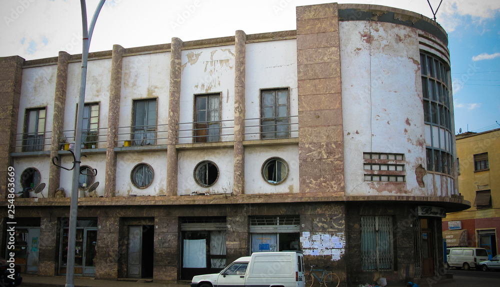 Exterior of old building Art Deco style at the street of Asmara, Eritrea