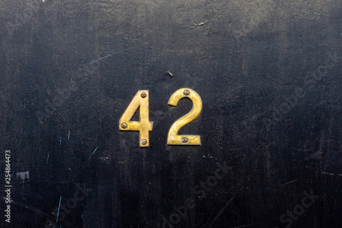 House number 42 with the forty two in bronze lettering on a black wooden door