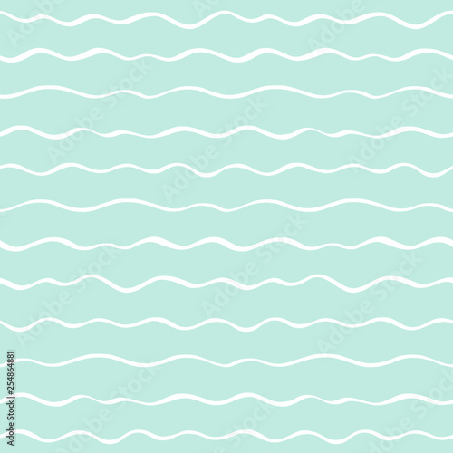 Sea, river waves, wavy winding parallel stripes seamless pattern. Thin hand brush drawn doodle style undulating streaks, lines, bars vector background. Striped abstract texture. White and mint green.