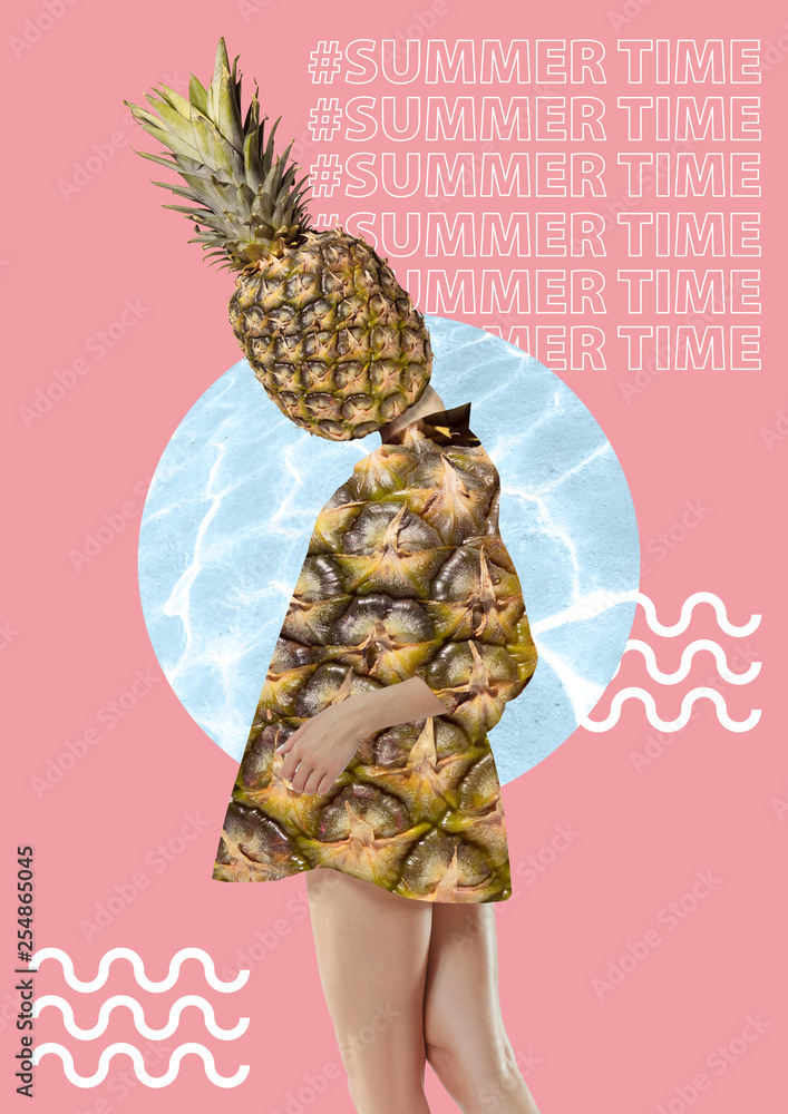 Girl with pineapple head. Contemporary modern art collage. Summer time